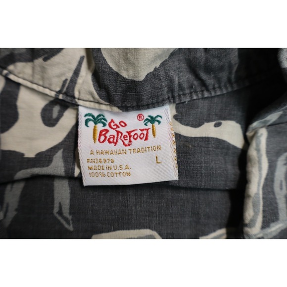 Mens Go Barefoot Hawaiian Shirt Button Front Size L Floral Gray Cotton USA Made - Picture 6 of 7